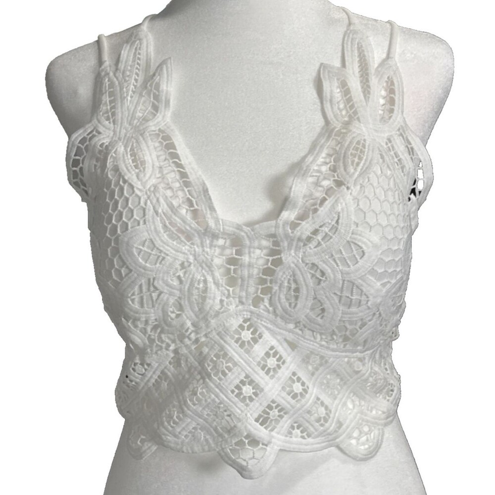 White Lace Bralette Crop Top Crochet Spaghetti Straps Sz L Boho Coquette Sexy
